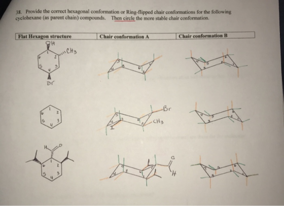 38. Provide the correct hexagonal conformation or Ring-flipped chair conformations for the following cyclohexane (as parent c