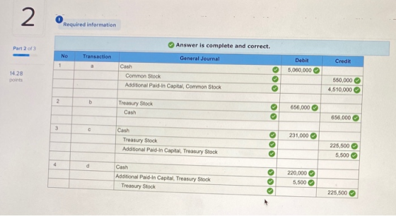 Required information Part 2 of 3 Part 20 Answer is complete and correct. General Journal No Transaction Credit Cash Debit 5,0