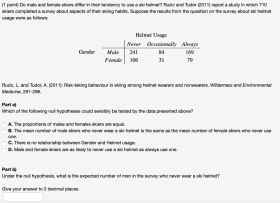 (1 point) Do male and female skiers differ in their tendency to use a ski helmet? Ruzic and Tudor (2011) report a study in wh