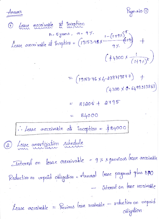 Answer Page No ① © Lease receivable et inception n = 5 years, 07097 Lease oreceivable and inception = (1715346x4-7119921199 +