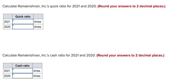 Calculate Ramakrishnan, Inc.s quick ratio for 2021 and 2020. (Round your answers to 2 decimal places.) Quick ratio 2021 time
