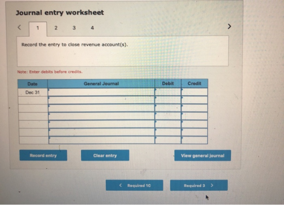 Journal entry worksheet < 1 2 3 4 Record the entry to close revenue account(s). Note: Enter debits before credits. Date Gener