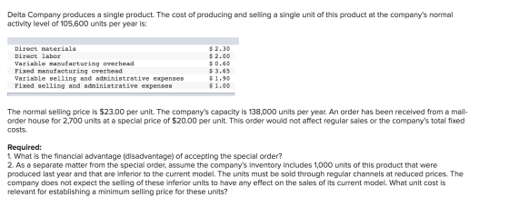 Delta Company produces a single product. The cost of producing and selling a single unit of this product at the companys nor