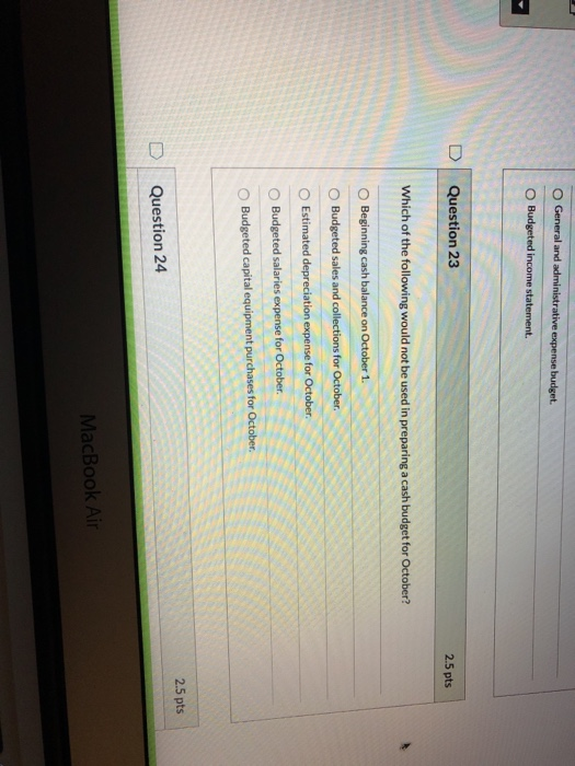 U theral and administrative expense budget. Budgeted income statement. D Question 23 Which of the following would not be used
