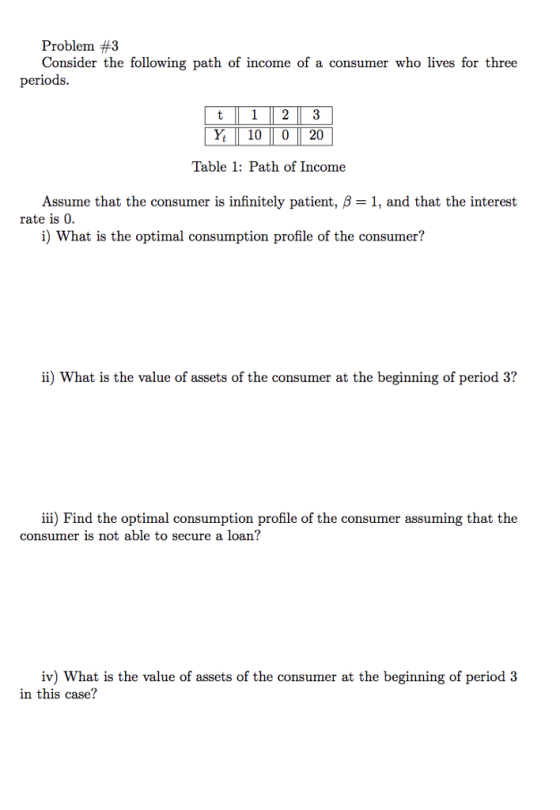 Problem #3 Consider the following path of income of a consumer who lives for three periods. Table 1: Path of Income Assume that the consumer is infinitely patient, ?-1, and that the interest rate is 0. i) What is the optimal consumption profile of the consumer? ii) What is the value of assets of the consumer at the beginning of period 3? iii) Find the optimal consumption profile of the consumer assuming that the consumer is not able to secure a loan? iv) What is the value of assets of the consumer at the beginning of period 3 in this case?