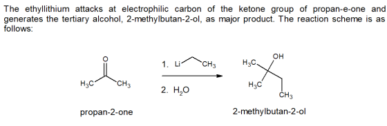 The ethyllithium attacks at electrophilic carbon of the ketone group of propan-e-one and generates the tertiary alcohol, 2-me
