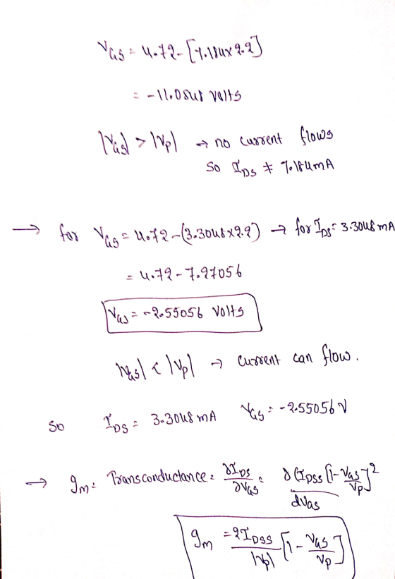 vas: 4-12-[7. 1$ux 9.9) = -lloonud volts Wish > lvpl a no current flows So Ips & T. 18 UmA - for Vas= lof (3.3048x2.9) - for