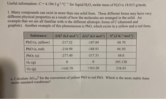 Useful information: C=4.184 gºl.°C for liquid H2O, molar mass of H2O is 18.015 g/mole. 1. Many compounds can exist in more th