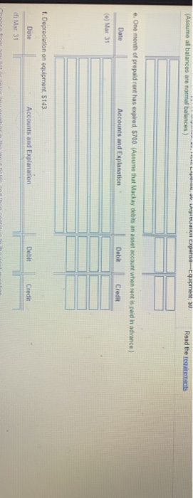 (Assume al balances are normal balances) w now, Veren Expense Equipment, SU Read the requirements e. One month of prepaid ren