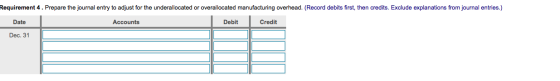 Requirement 4. Prepare the journal entry to adjust for the underallocated or overallocated manufacturing overhead. (Record de