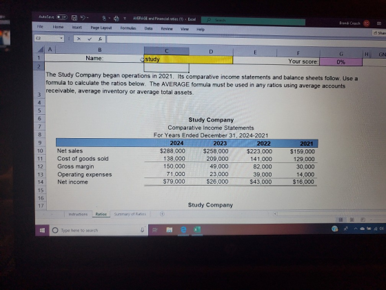 AutoSave O H O R A = AVERAGE and Financial ratios (1) Excel Search Brandi Creeche File Home insert Page Layout Formulas Data
