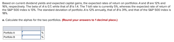 Based on current dividend yields and expected capital gains, the expected rates of return on portfolios A and B are 12% and 1