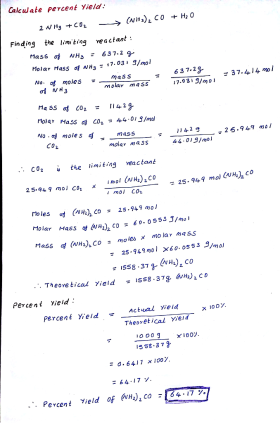 CalcWate percent Yield: Finding the limi ting veactant: Hass吋NH3-637.29- - 17.031 /mol a f moles mass ..63 7.2q 3 molar mass