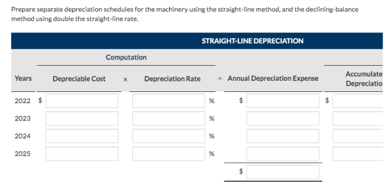 Prepare separate depreciation schedules for the machinery using the straight-line method, and the declining-balance method us