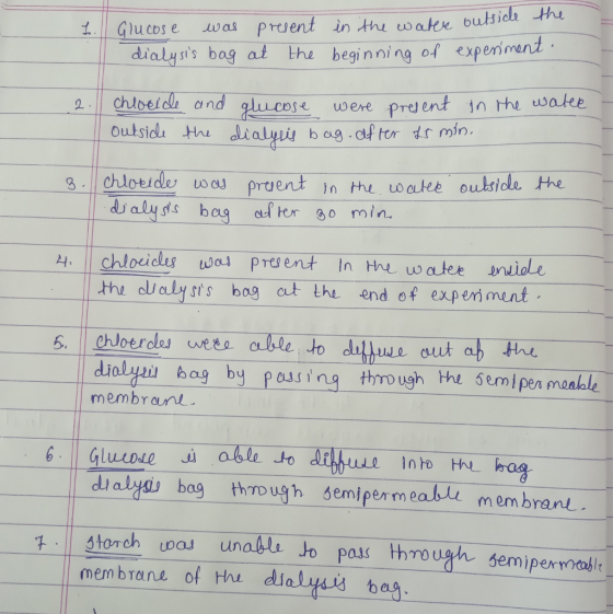 L. Glucose was present in the water outside the dialysts bag at the beginning of experiment. 2. chloride and outside the glu