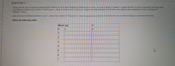QUESTION 5 In this exercise, you will analyze building height variation in a city where buildings of different ages coexist. As in the example in chapter 3, suppose that the city grows outward by one block each year Block 0 is built in year 0, block 1 is bailt in year 1, block 2 is built in year 2, and so on. Suppose also that buildings are torn down and replaced after standing for 3 years. (Lifespan of a building: 3 years) Derive the citys building-age pattern in year 7, when it has a radius of 7 blocks (0-7). Once the age pattern is derived, write down the year in which buildings in each block were built. Fill in the following table Block Age