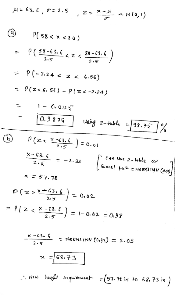 63. , = 2.5 N,) P( 58x <80) PC 5-63.6z < 80-C3. 2.5 2.5 PC-2.24 z < 6.56) - P(z<6. 56) - P(z< -2.24) O.9 8 75 ueing z-table 9