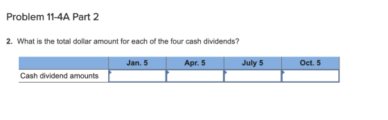 Problem 11-4A Part 2 2. What is the total dollar amount for each of the four cash dividends? Jan. 5 Apr. 5 July 5 Oct. 5 Cash