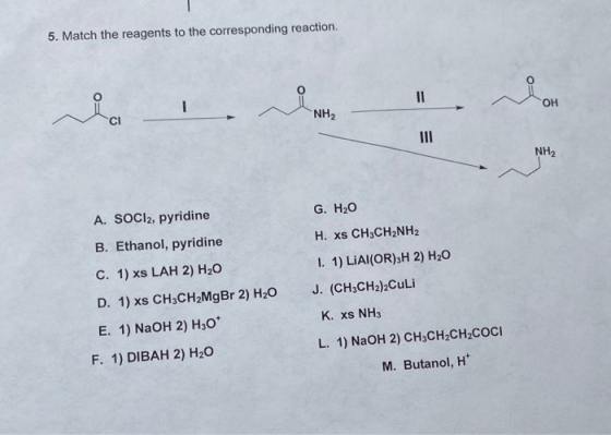 5. Match the reagents to the corresponding reaction. I Cl NH2 OH II NH2 G. H20 A. SOCI2, pyridine B. Ethanol, pyridine H. xs