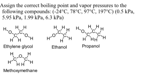Assign the correct boiling point and vapor pressures to the following compounds: (-24°C, 78°C, 97°C, 197°C) (0.5 kPa, 5.95 kP