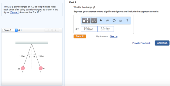 Image for Two 2.0 g point charges on 1.0-m-long threads repel each other after being equally charged, as shown m the fig