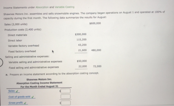 Income Statements under Absorption and Variable Costing Shawnee Motors Inc, assembles and sells snowmobile engines. The compa