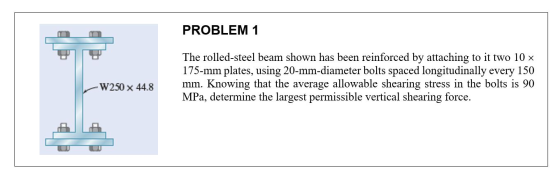 PROBLEM 1 The rolled-steel beam shown has been reinforced by attaching to it two 10 x 175-mm plates, using 20-mm-diameter bol
