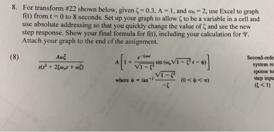 For transform #22 shown below, given S-03, A-1, and on-2, use Excel to graph ft) from t-0 to 8 seconds. Set up your graph to