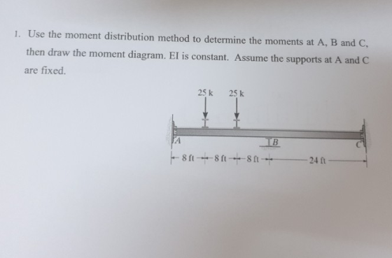1. Use the moment distribution method to determine the moments at A, B and C. then draw the moment diagram. El is constant. A