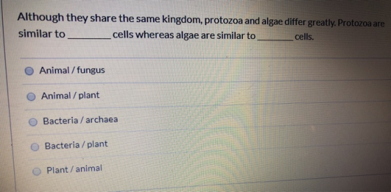 Although they share the same kingdom, protozoa and algae differ greatly. Protozoa are similar to _cells whereas algae are sim