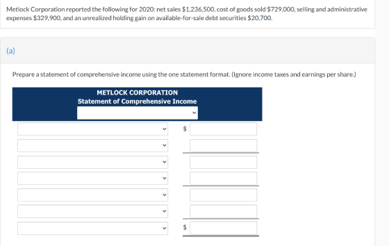 Metlock Corporation reported the following for 2020: net sales $1,236,500, cost of goods sold $729,000, selling and administr