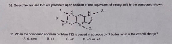 32. Select the first site that will protonate upon addition of one equivalent of strong acid to the compound shown: A. D. B.