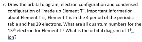 7. Draw the orbital diagram, electron configuration and condensed configuration of made up Element T”. Important information