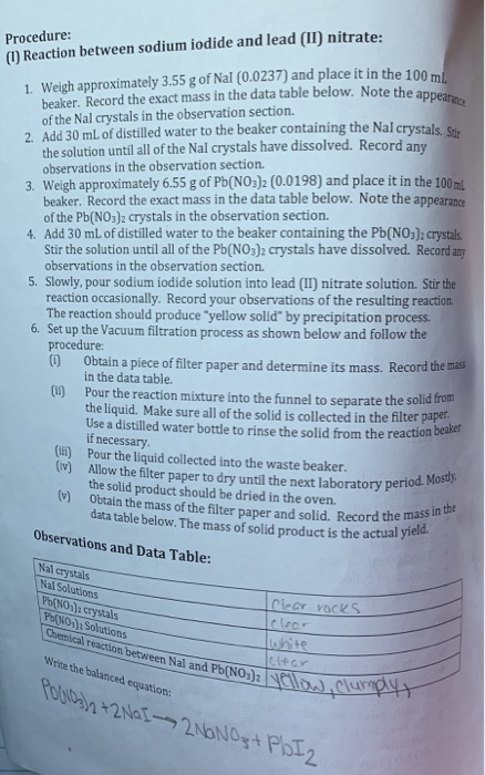 Procedure: (1) Reaction between sodium iodide and lead (II) nitrate: Note the appearance 1. Weigh approximately 3.55 g of Nal