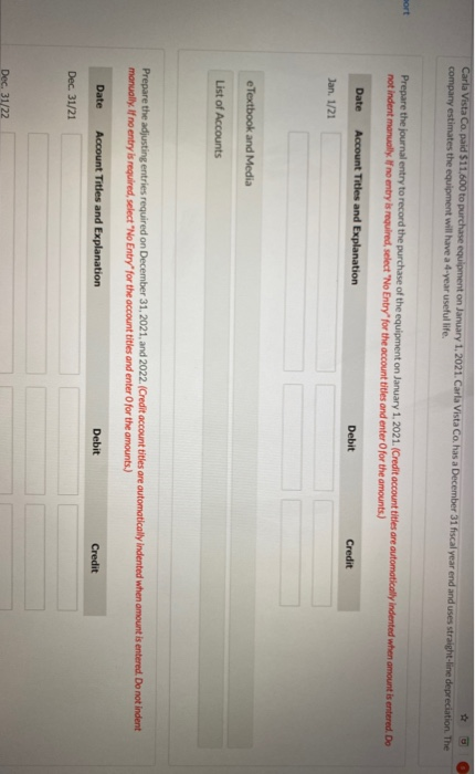 Carla Vista Copaid $11.600 to purchase equipment on January 1, 2021. Carla Vista Co has a December 31 fiscal year end and use
