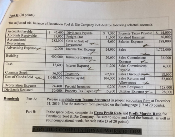 Part II (20 points) The adjusted trial balance of Baratheon Tool & Die Company included the following selected accounts: I$ $