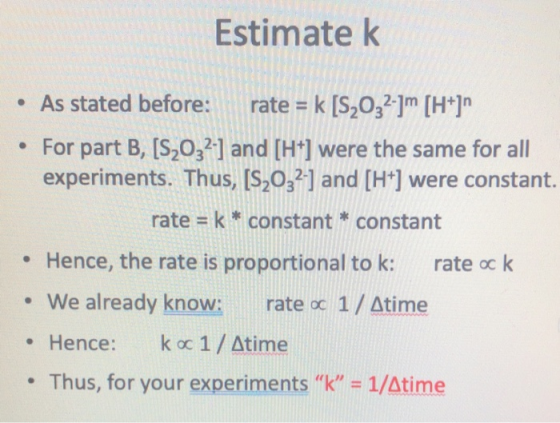 Estimate k • As stated before: rate = k [S2032-1m [H+] • For part B, (S2032.] and [H+] were the same for all experiments. Th