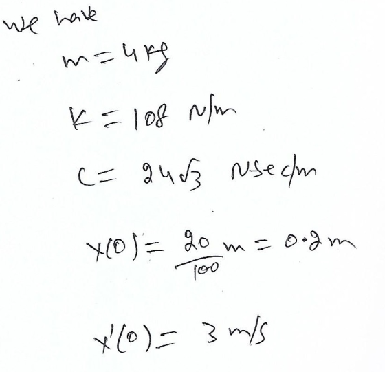 we have m=urg k= 108 N/m (=2463 Nosechm XO) = 20 m = oogm Too X(o)= 3 m/s