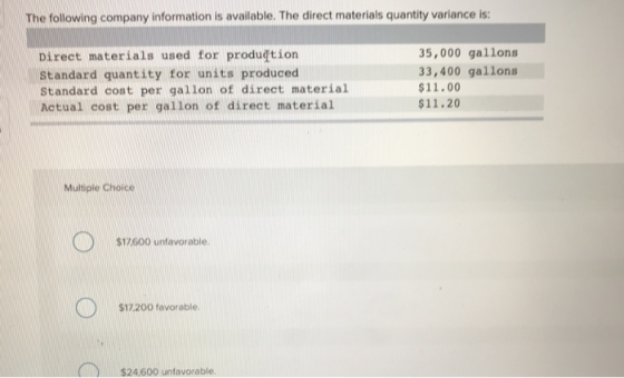 The following company information is available. The direct materials quantity variance is: Direct materials used for prodution Standard quantity for units produced Standard cost per gallon of direct material Actual cost per gallon of direct material 35,000 gallons 33,400 gallons $11.00 $11.20 Multiple Choice $17600 unfavorable. $17200 favorable $24,600 unfavorable