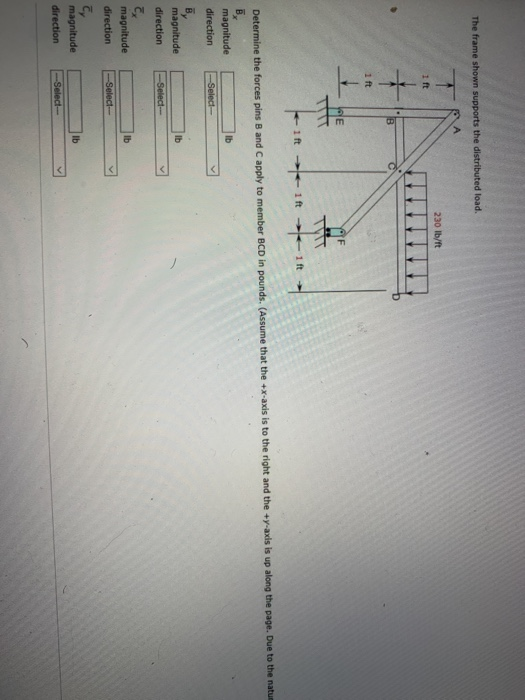 The frame shown supports the distributed load. 230 lb/ft 1 ft ІВ 1 ft E ift ift 1 ft Determine the forces pins B and C apply