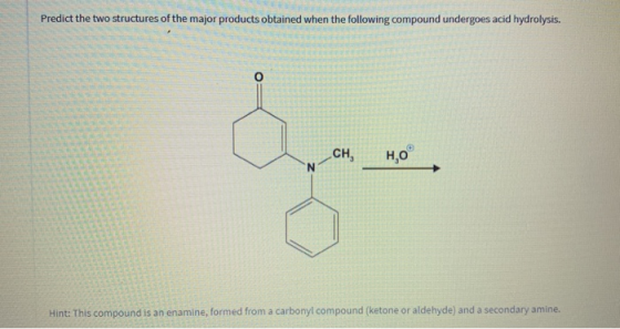 Predict the two structures of the major products obtained when the following compound undergoes acid hydrolysis. CH, HO Hint: