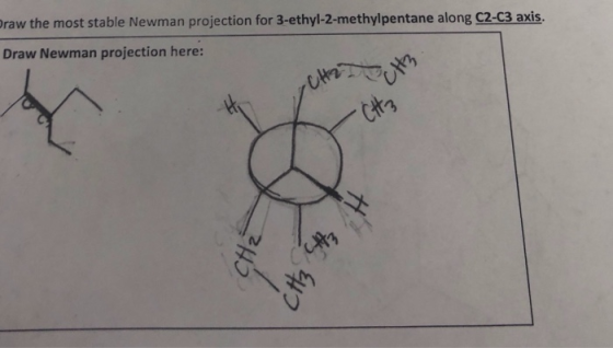 table Newman projection for 3-ethyl-2-methylpentane along C2-C3 axis Draw Newman projection here: ek