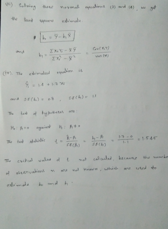Sun thonenomal equain (3) and 4) we get uarue ess,male. amd van (x) (iv). The eshmaled equa ron is 1,1 SE ( b.)- Tro tot statistic SECB) SECbr)