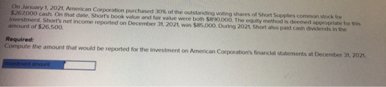 On January 1, 2021, American Corporation purchased 30% of the outstanding voting shares of Short Supplies common stock for $2