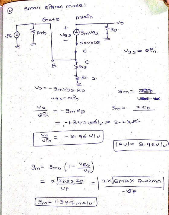 Smali signal model . Gate brain is mugs $RD X 3Rth . इ०९ SRG 2 Vo= - Smugs RD sin = 220 Vigs=09 = -9mRD LanRi9n = 2ID = ;-1-3