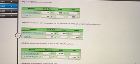 PART.1 July 3: Paid $250 to creditors on account. PART2 Account Post. Ref. Debit Credit PART3 Accounts Payable v 21 V 250 PAR