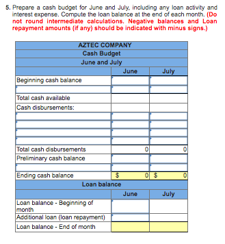 5. Prepare a cash budget for June and July, including any loan activity and interest expense. Compute the loan balance at the