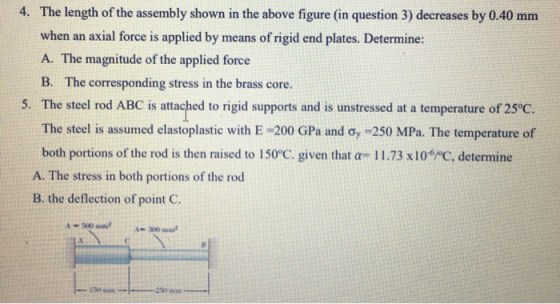 4. The length of the assembly shown in the above figure in question 3) decreases by 0.40 mm when an axial force is applied by