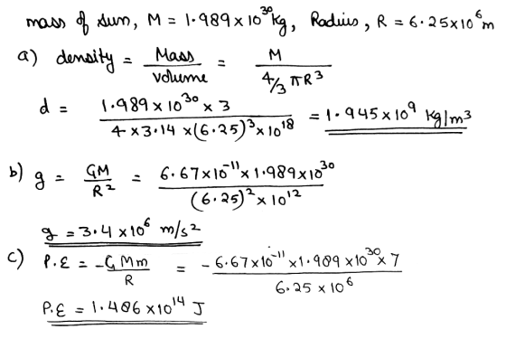 mass of sun, M = 1.989x10$ig, Raduis, R = 6.25x106m a) domaity - elemente a rezi d = 1.989x1030x3 = 1.945 x 109 Kalle 4x3.14
