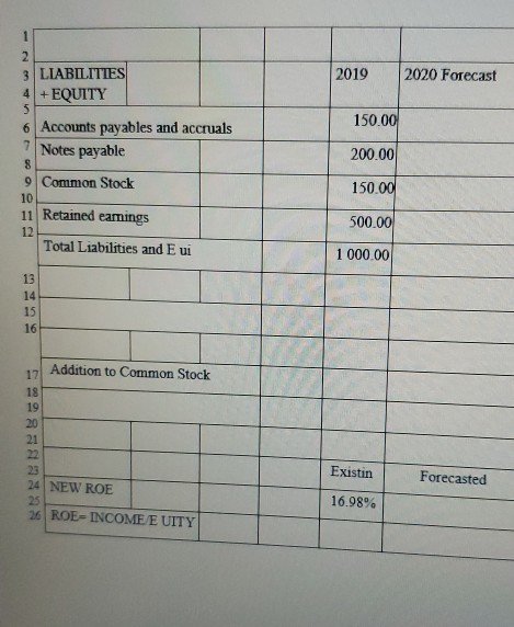 2019 2020 Forecast 150.00 2 3 LIABILITIES 4 +EQUITY 5 6 Accounts payables and accruals 7 Notes payable 8 9 Common Stock 10 11